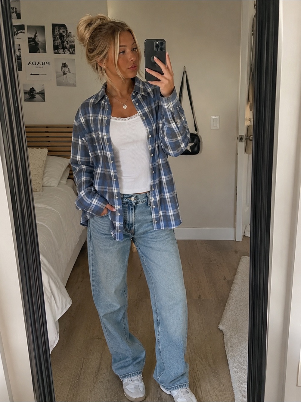 Brandy Melville Blue Plaid Button-Down Flannel Shirt